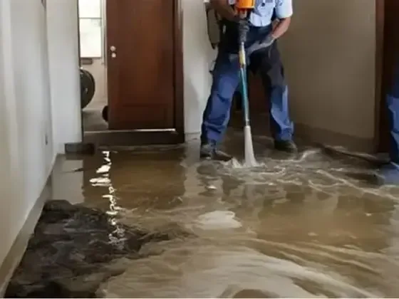 A technician extracts muddy water from a flooded hallway with a floor wand