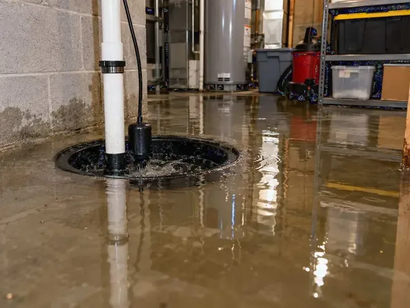 Standing water surrounds an open sump pit and equipment on a basement floor