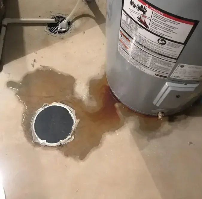 Water pools beside a water heater and an open drain on the floor