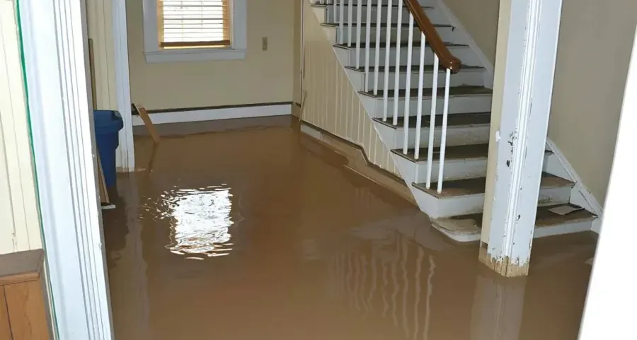 Muddy standing water fills an interior hallway beside a staircase before extraction begins