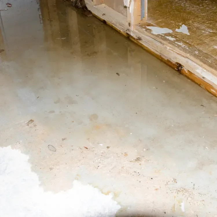 Water spreads across a concrete floor beside exposed wall bases and a doorway