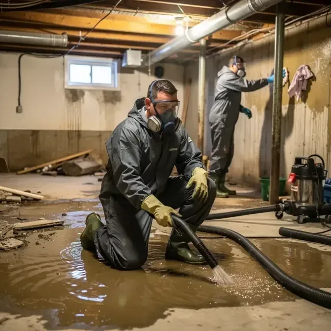 Workers wearing protective equipment extract muddy basement water and clean the affected walls