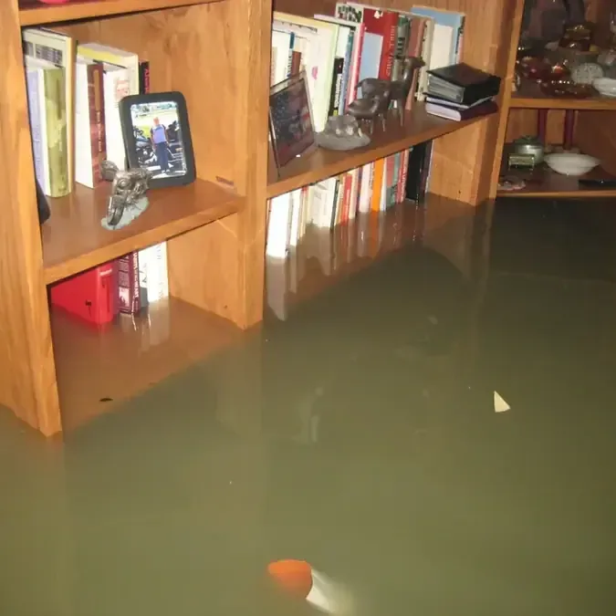 Deep floodwater reaches the lower shelves of wooden bookcases filled with household belongings