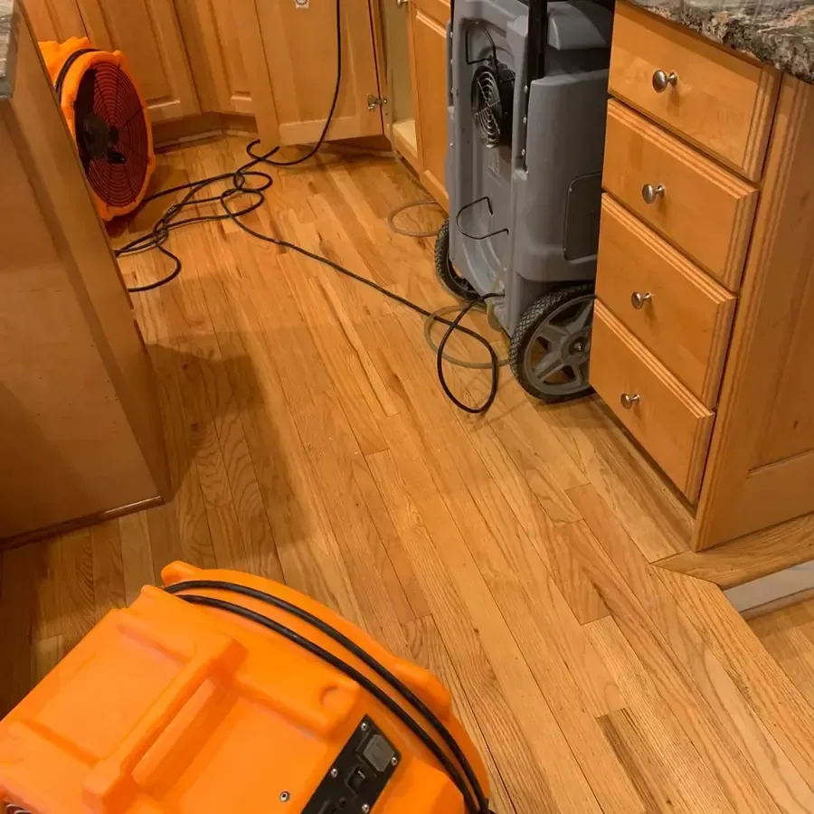 Air movers and a dehumidifier stand on hardwood flooring between wooden kitchen cabinets