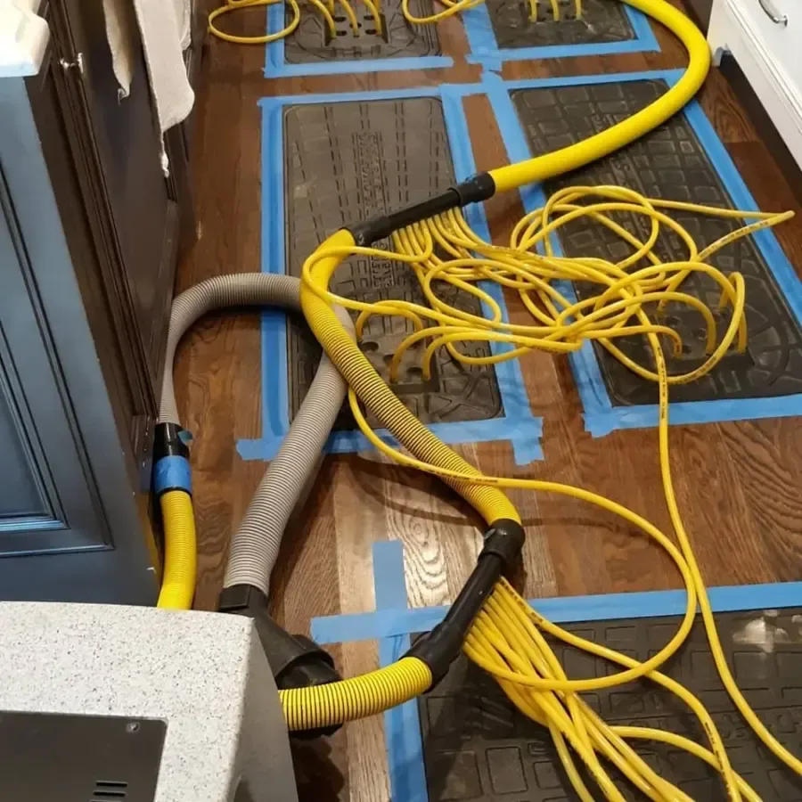 Drying mats are taped across a hardwood floor with hoses connecting the equipment