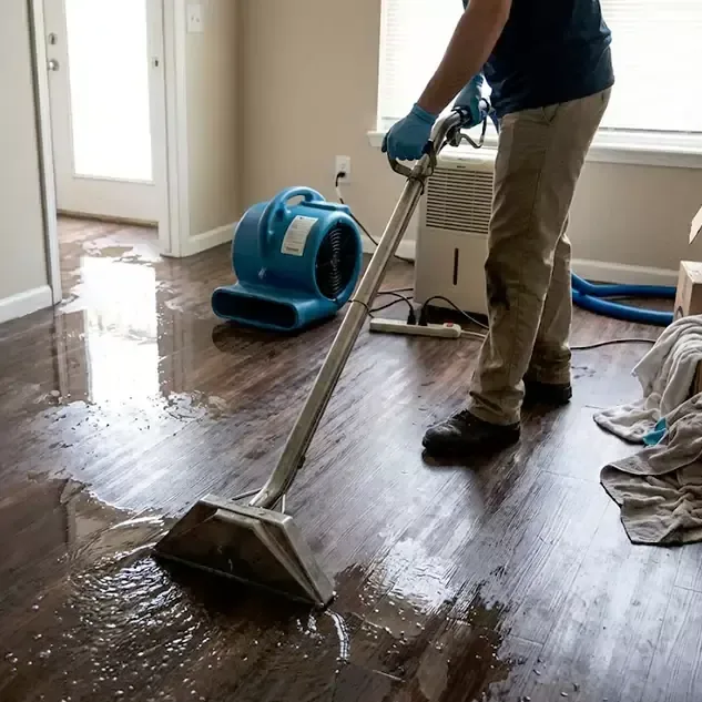 A technician extracts water from hardwood flooring beside a compact blue air mover