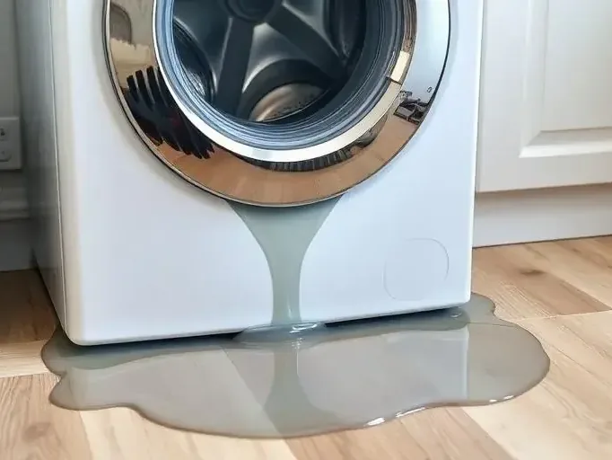 Water flows from a front loading washing machine onto the floor beneath it