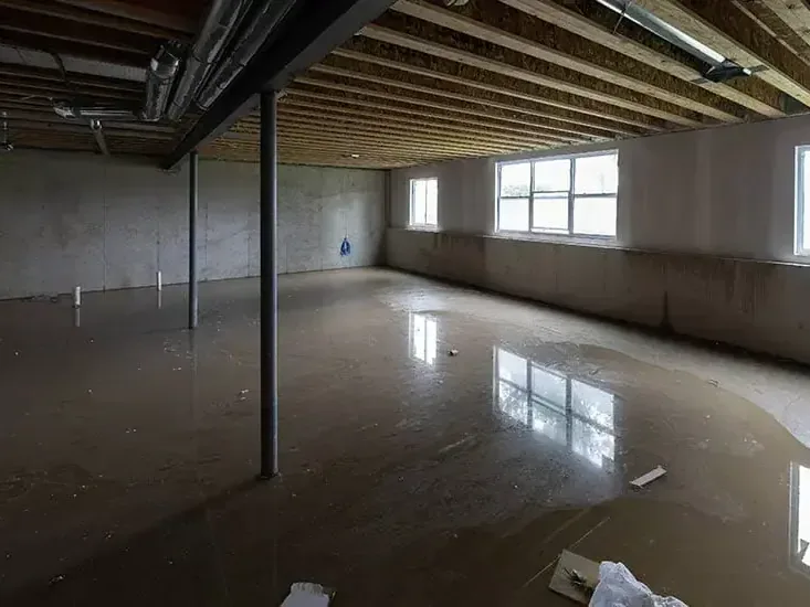 Standing water reflects windows across an unfinished basement floor beneath exposed ceiling joists