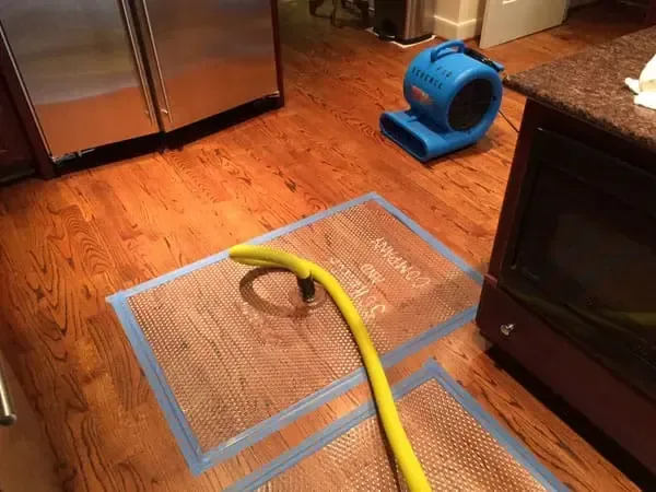 A drying mat and air mover sit on hardwood flooring beside kitchen cabinets