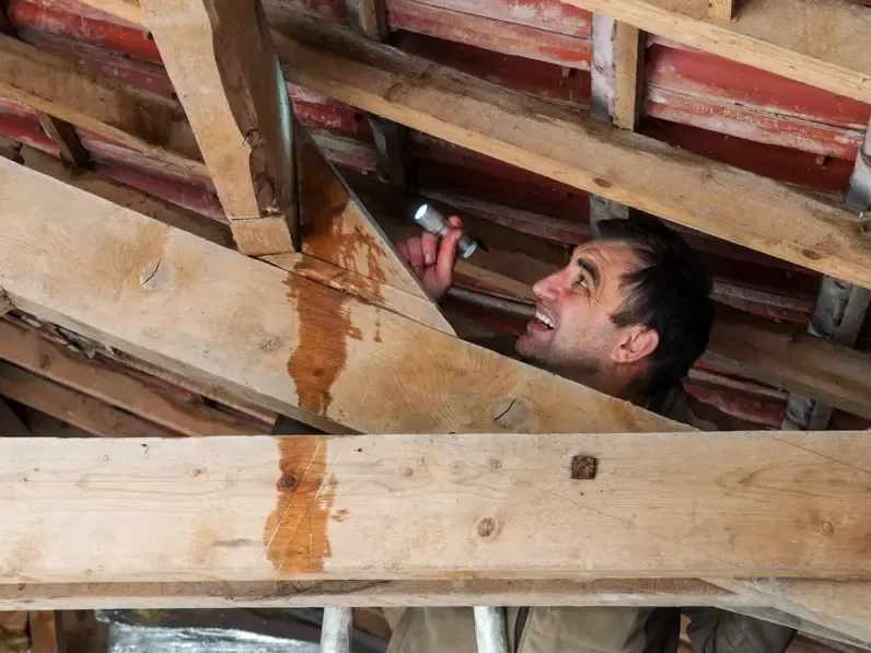 A worker inspects wet roof framing with a flashlight inside an exposed attic