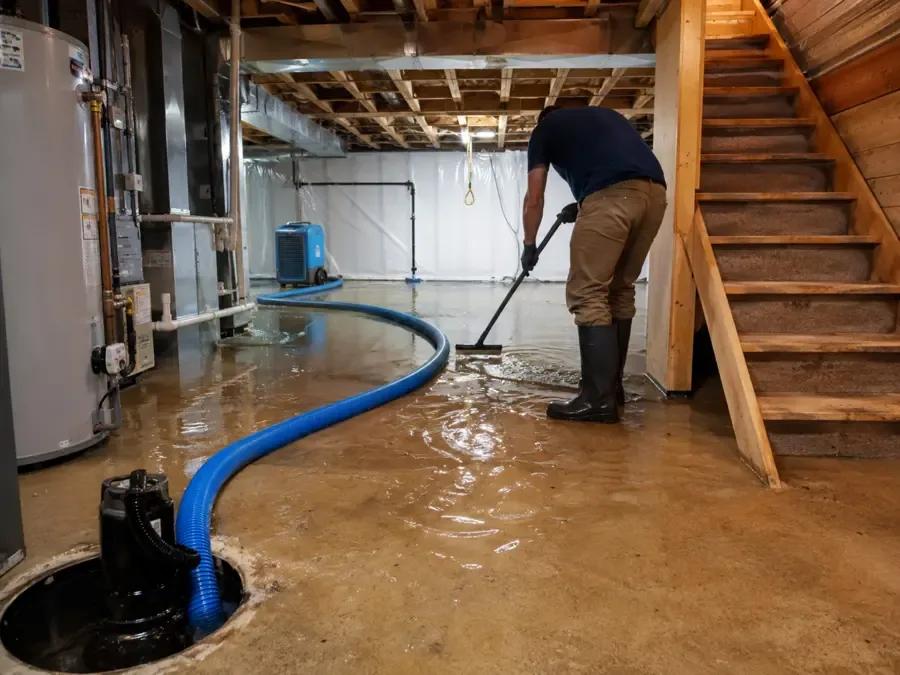 A worker extracts muddy standing water beneath exposed ceiling joists in a basement