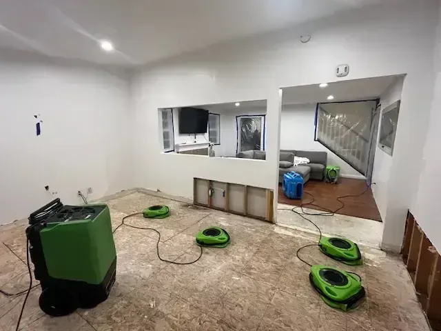 Green air movers and a dehumidifier dry exposed flooring in an emptied room