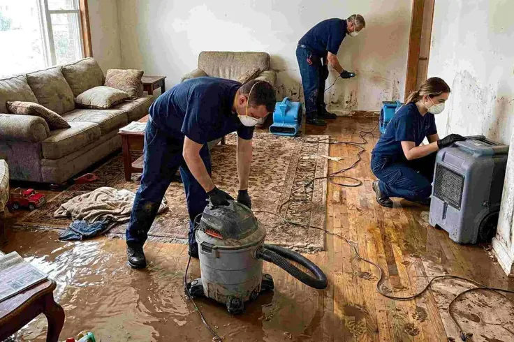 Technicians extract water and check walls in a living room with exposed flooring