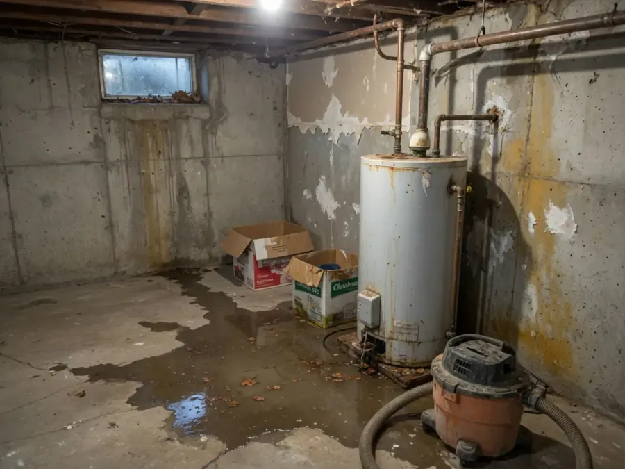 Water spreads across a concrete basement floor beside a water heater and boxes